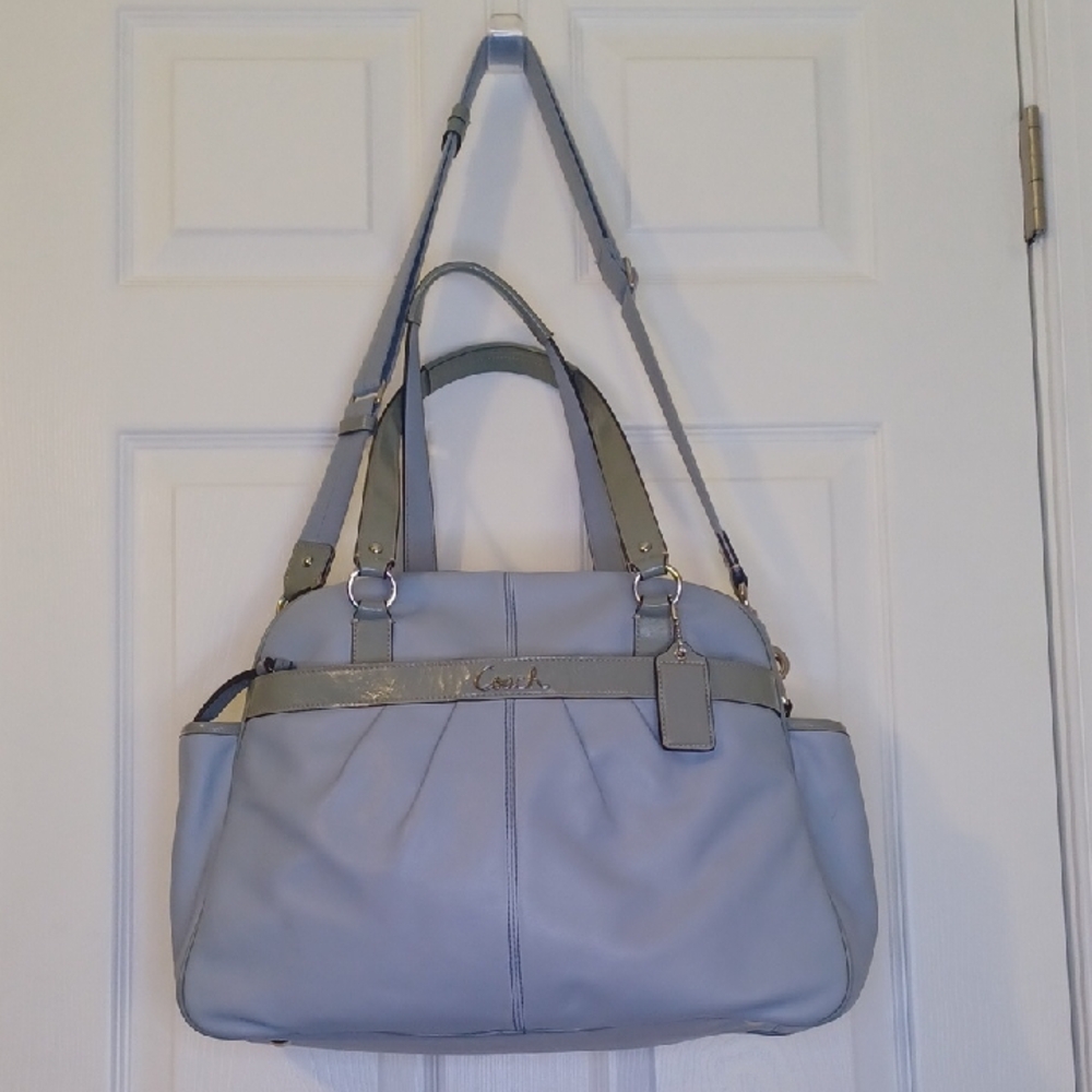 Leather Coach Baby Blue Diaper/Baby Bag With Blue/Green Trim, 2 Hang tags